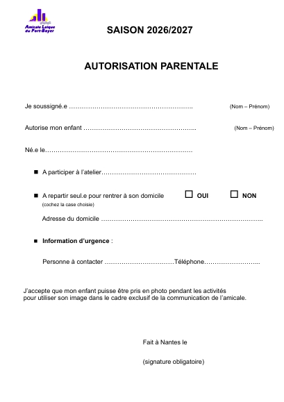 Autorisation parentale de l'Amicale Laïque de Port-Boyer